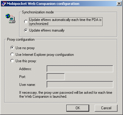 Mobipocket Web Companion configuration dialog box